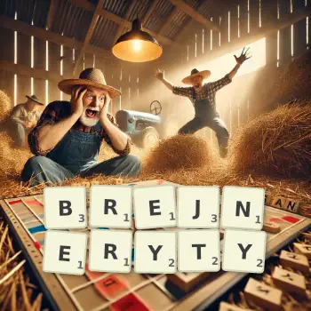 Kreatywna ilustracja do gry w Scrabble ze słowem BREJNERYTY ułożonym z płytek na planszy.