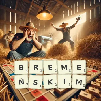Kreatywna ilustracja do gry w Scrabble ze słowem BREMEŃSKIM ułożonym z płytek na planszy.