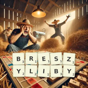 Kreatywna ilustracja do gry w Scrabble ze słowem BRESZYLIBY ułożonym z płytek na planszy.