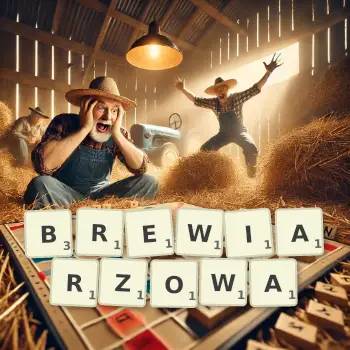 Kreatywna ilustracja do gry w Scrabble ze słowem BREWIARZOWA ułożonym z płytek na planszy.