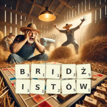 Kreatywna ilustracja do gry w Scrabble ze słowem BRIDŻISTÓW ułożonym z płytek na planszy.