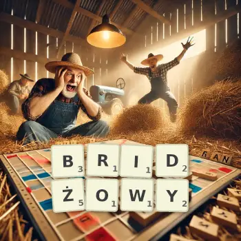 Kreatywna ilustracja do gry w Scrabble ze słowem BRIDŻOWY ułożonym z płytek na planszy.