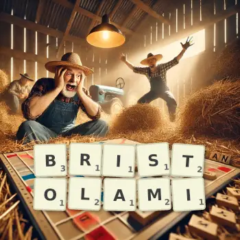 Kreatywna ilustracja do gry w Scrabble ze słowem BRISTOLAMI ułożonym z płytek na planszy.