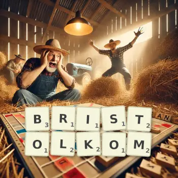 Kreatywna ilustracja do gry w Scrabble ze słowem BRISTOLKOM ułożonym z płytek na planszy.