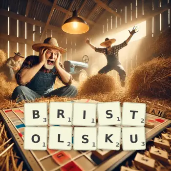 Kreatywna ilustracja do gry w Scrabble ze słowem BRISTOLSKU ułożonym z płytek na planszy.