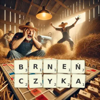 Kreatywna ilustracja do gry w Scrabble ze słowem BRNEŃCZYKA ułożonym z płytek na planszy.