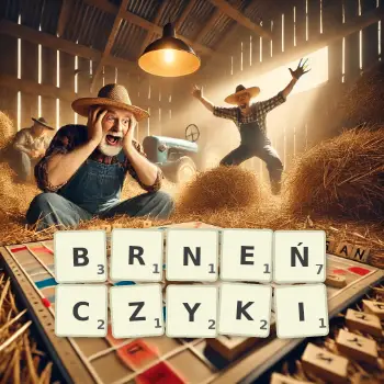 Kreatywna ilustracja do gry w Scrabble ze słowem BRNEŃCZYKI ułożonym z płytek na planszy.