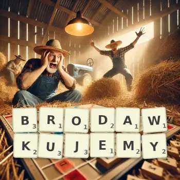 Kreatywna ilustracja do gry w Scrabble ze słowem BRODAWKUJEMY ułożonym z płytek na planszy.