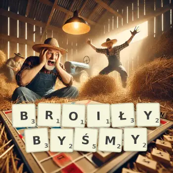 Kreatywna ilustracja do gry w Scrabble ze słowem BROIŁYBYŚMY ułożonym z płytek na planszy.