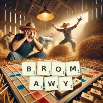 Kreatywna ilustracja do gry w Scrabble ze słowem BROMAWY ułożonym z płytek na planszy.