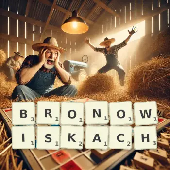 Kreatywna ilustracja do gry w Scrabble ze słowem BRONOWISKACH ułożonym z płytek na planszy.
