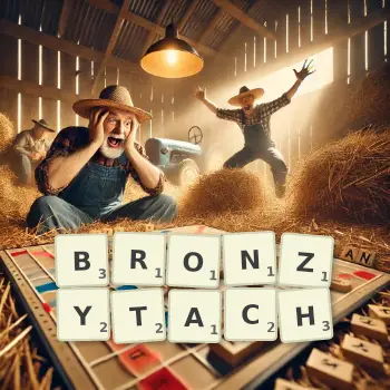 Kreatywna ilustracja do gry w Scrabble ze słowem BRONZYTACH ułożonym z płytek na planszy.