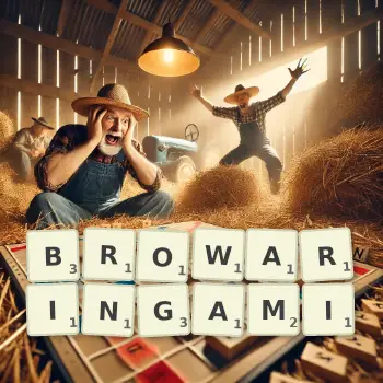 Kreatywna ilustracja do gry w Scrabble ze słowem BROWARINGAMI ułożonym z płytek na planszy.