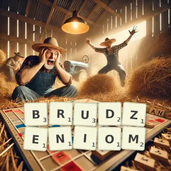 Kreatywna ilustracja do gry w Scrabble ze słowem BRUDZENIOM ułożonym z płytek na planszy.