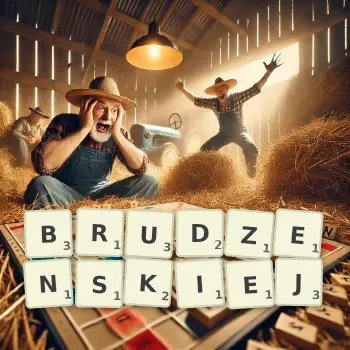 Kreatywna ilustracja do gry w Scrabble ze słowem BRUDZENSKIEJ ułożonym z płytek na planszy.