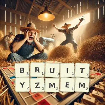 Kreatywna ilustracja do gry w Scrabble ze słowem BRUITYZMEM ułożonym z płytek na planszy.