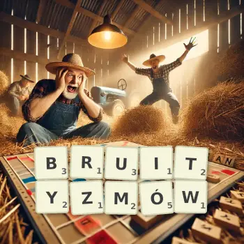 Kreatywna ilustracja do gry w Scrabble ze słowem BRUITYZMÓW ułożonym z płytek na planszy.