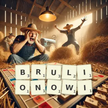 Kreatywna ilustracja do gry w Scrabble ze słowem BRULIONOWI ułożonym z płytek na planszy.
