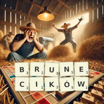 Kreatywna ilustracja do gry w Scrabble ze słowem BRUNECIKÓW ułożonym z płytek na planszy.