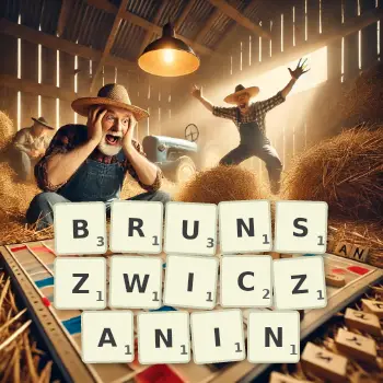 Kreatywna ilustracja do gry w Scrabble ze słowem BRUNSZWICZANIN ułożonym z płytek na planszy.