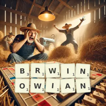 Kreatywna ilustracja do gry w Scrabble ze słowem BRWINOWIAN ułożonym z płytek na planszy.