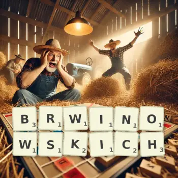 Kreatywna ilustracja do gry w Scrabble ze słowem BRWINOWSKICH ułożonym z płytek na planszy.