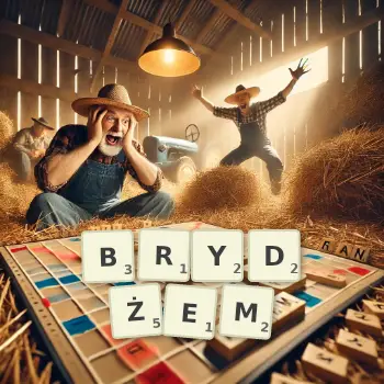 Kreatywna ilustracja do gry w Scrabble ze słowem BRYDŻEM ułożonym z płytek na planszy.