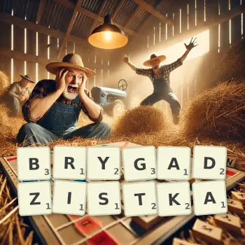 Kreatywna ilustracja do gry w Scrabble ze słowem BRYGADZISTKA ułożonym z płytek na planszy.