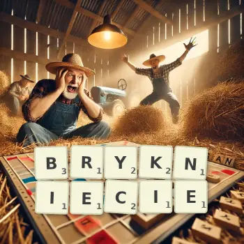 Kreatywna ilustracja do gry w Scrabble ze słowem BRYKNIECIE ułożonym z płytek na planszy.