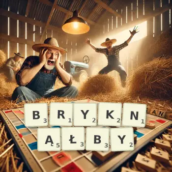 Kreatywna ilustracja do gry w Scrabble ze słowem BRYKNĄŁBY ułożonym z płytek na planszy.