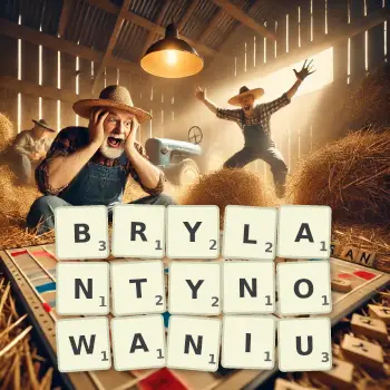 Kreatywna ilustracja do gry w Scrabble ze słowem BRYLANTYNOWANIU ułożonym z płytek na planszy.