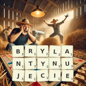 Kreatywna ilustracja do gry w Scrabble ze słowem BRYLANTYNUJECIE ułożonym z płytek na planszy.