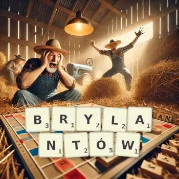 Kreatywna ilustracja do gry w Scrabble ze słowem BRYLANTÓW ułożonym z płytek na planszy.