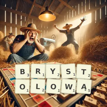 Kreatywna ilustracja do gry w Scrabble ze słowem BRYSTOLOWĄ ułożonym z płytek na planszy.