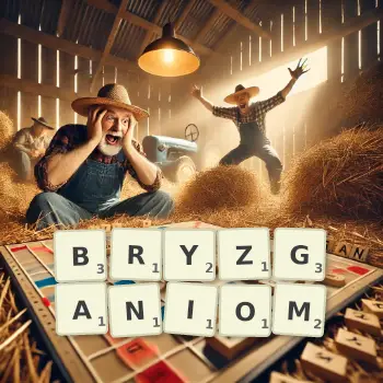 Kreatywna ilustracja do gry w Scrabble ze słowem BRYZGANIOM ułożonym z płytek na planszy.