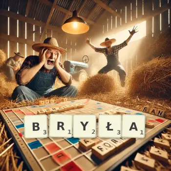Kreatywna ilustracja do gry w Scrabble ze słowem BRYŁA ułożonym z płytek na planszy.