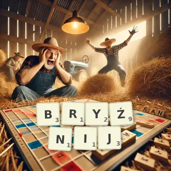 Kreatywna ilustracja do gry w Scrabble ze słowem BRYŹNIJ ułożonym z płytek na planszy.