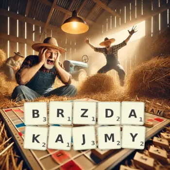 Kreatywna ilustracja do gry w Scrabble ze słowem BRZDAKAJMY ułożonym z płytek na planszy.