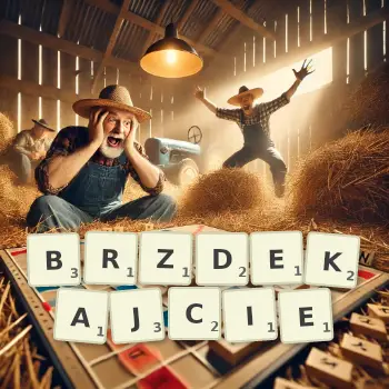 Kreatywna ilustracja do gry w Scrabble ze słowem BRZDEKAJCIE ułożonym z płytek na planszy.