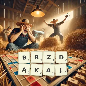 Kreatywna ilustracja do gry w Scrabble ze słowem BRZDĄKAJ ułożonym z płytek na planszy.