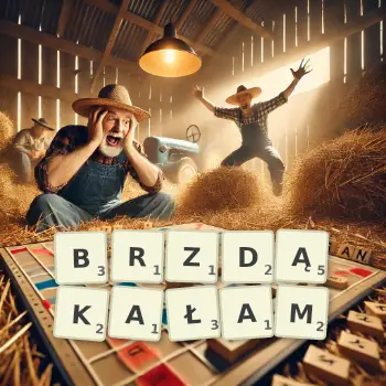 Kreatywna ilustracja do gry w Scrabble ze słowem BRZDĄKAŁAM ułożonym z płytek na planszy.