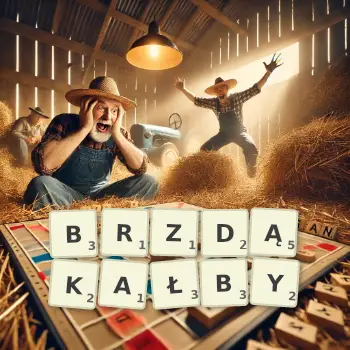 Kreatywna ilustracja do gry w Scrabble ze słowem BRZDĄKAŁBY ułożonym z płytek na planszy.