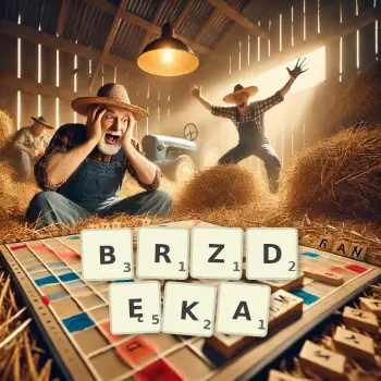 Kreatywna ilustracja do gry w Scrabble ze słowem BRZDĘKA ułożonym z płytek na planszy.