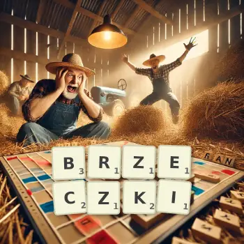 Kreatywna ilustracja do gry w Scrabble ze słowem BRZECZKI ułożonym z płytek na planszy.
