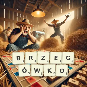 Kreatywna ilustracja do gry w Scrabble ze słowem BRZEGÓWKO ułożonym z płytek na planszy.