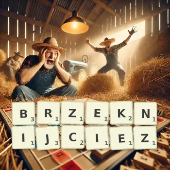 Kreatywna ilustracja do gry w Scrabble ze słowem BRZEKNIJCIEZ ułożonym z płytek na planszy.
