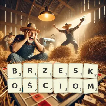 Kreatywna ilustracja do gry w Scrabble ze słowem BRZESKOŚCIOM ułożonym z płytek na planszy.