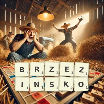 Kreatywna ilustracja do gry w Scrabble ze słowem BRZEZINSKO ułożonym z płytek na planszy.