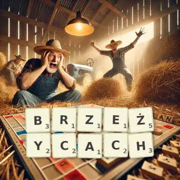 Kreatywna ilustracja do gry w Scrabble ze słowem BRZEŻYCACH ułożonym z płytek na planszy.