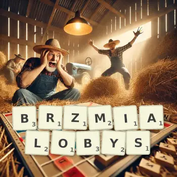 Kreatywna ilustracja do gry w Scrabble ze słowem BRZMIALOBYS ułożonym z płytek na planszy.